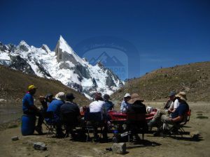 Trekking group enjoying the meal under laila peak